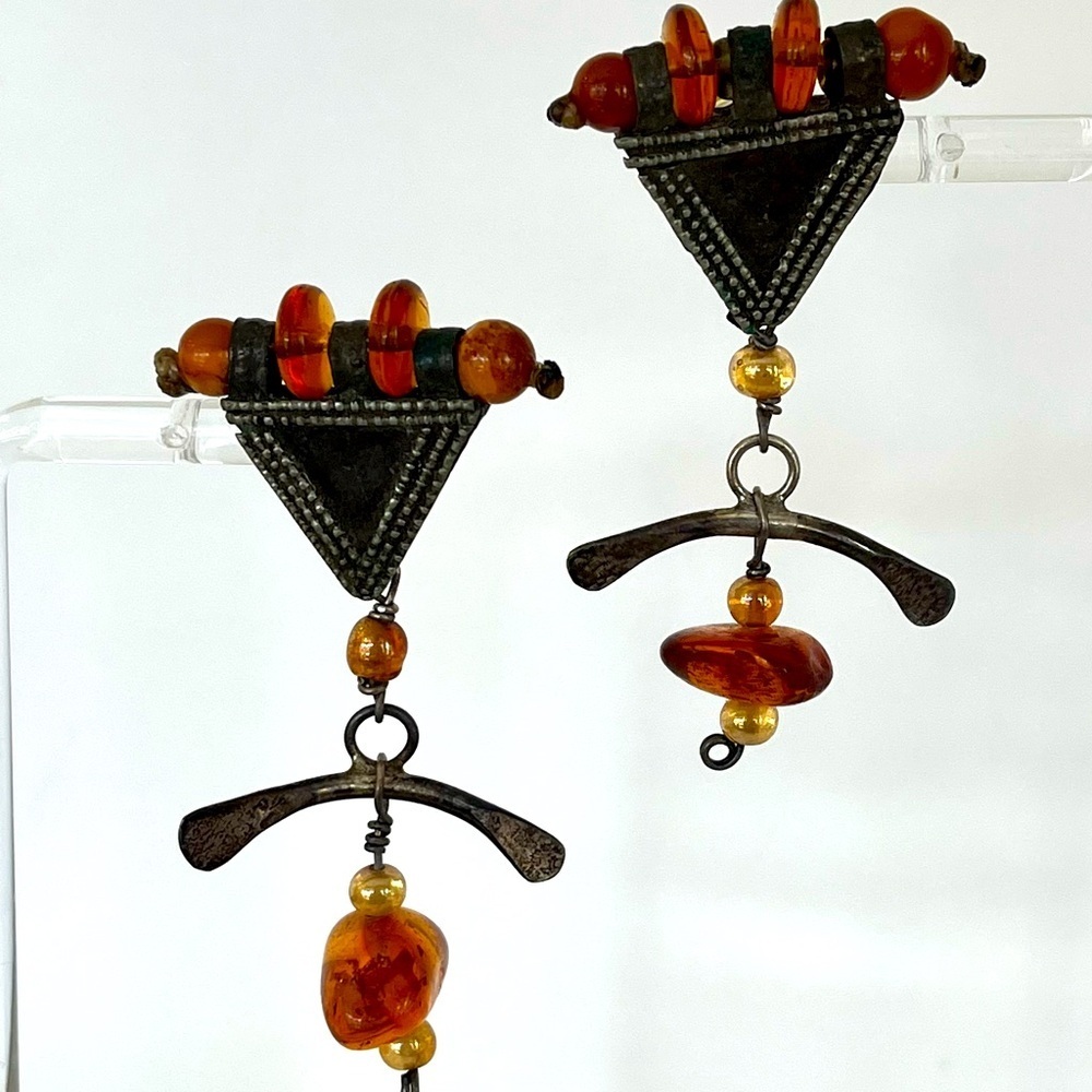 Vintage Amber and Silver Geometric Earrings